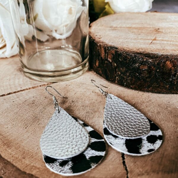 Faux leather silver leopard print teardrop earrings